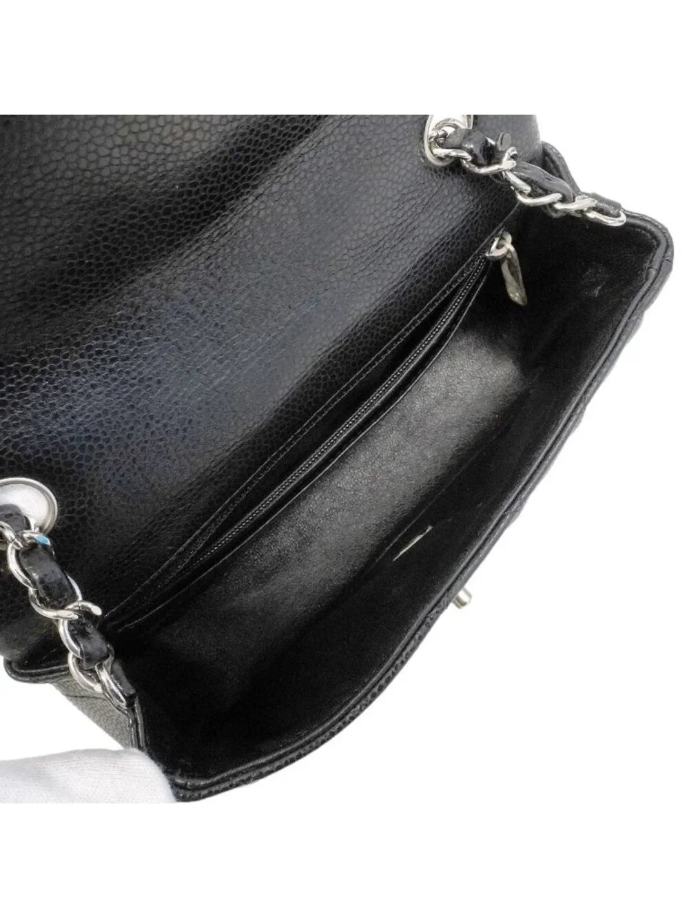 Chanel Shoulder Bag Mini Quilted Caviar Leather Black Silver